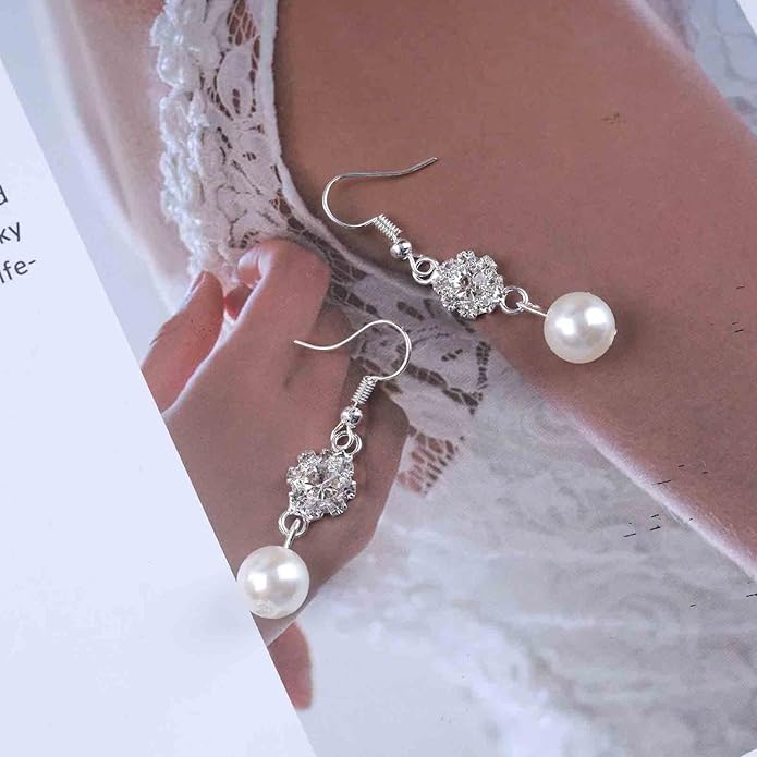 Vintage Rhinestone Pearl Drop Earrings Crystal Flower Dangle Earrings Silver Pearl Earring Cz Flower Hook Earrings Jewelry for Women