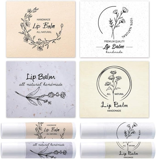 OLYCRAFT 100Pcs 4 Style Lip Balm Label Sticker Word Labels Stickers Adhesive Lip Balm Label Sticker Plastic Lipstick Tag Stickers for Lip Balm Container Tubes 1.7x2.1 inch