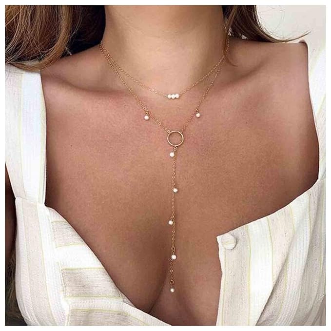Boho Circle Pearl Lariat Necklace Gold Long Lariat Chain Necklace Tiny Pearl Choker Necklace Drop Pearl Chain Y Necklace Jewelry for Women and Girls Gifts