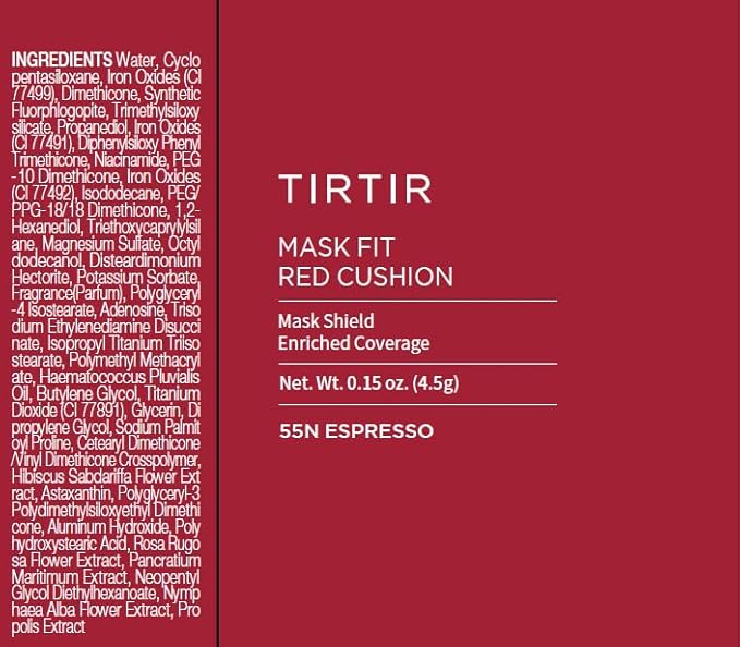 TIRTIR Mask Fit Red Cushion Foundation | Full coverage, Weightless, Skin fit, Satin Glow Finish, Korean Makeup, beauty, Tattoo cover up, Buildable (#55N Espresso, 0.63 Fl Oz)
