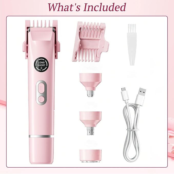 Bikini Trimmer for Women, 4 in 1 Wet/Dry Electric Razors for Women - Dual Head, Painless Rechargeable Portable Womens Razors for Shaving Set for Face, Nose, Eyebrows, Armpits, Bikini Area (Pink)