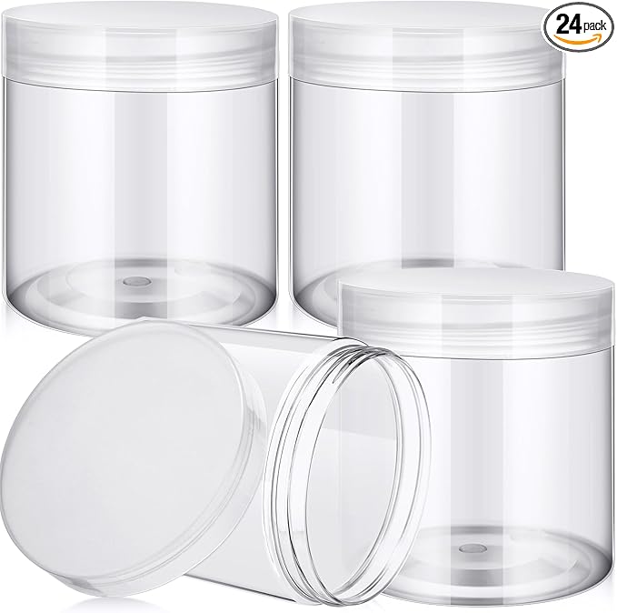 SATINIOR 24 Pieces Empty Clear Plastic Jars with Lids Round Storage Containers Wide Mouth for Beauty Product Cosmetic Cream Lotion Liquid Butter Craft and Food (Clear Lid,16 oz)