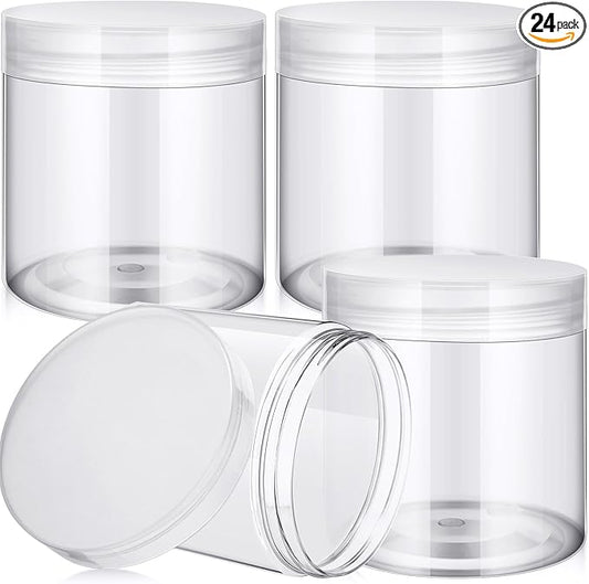 SATINIOR 24 Pieces Empty Clear Plastic Jars with Lids Round Storage Containers Wide Mouth for Beauty Product Cosmetic Cream Lotion Liquid Butter Craft and Food (Clear Lid,16 oz)