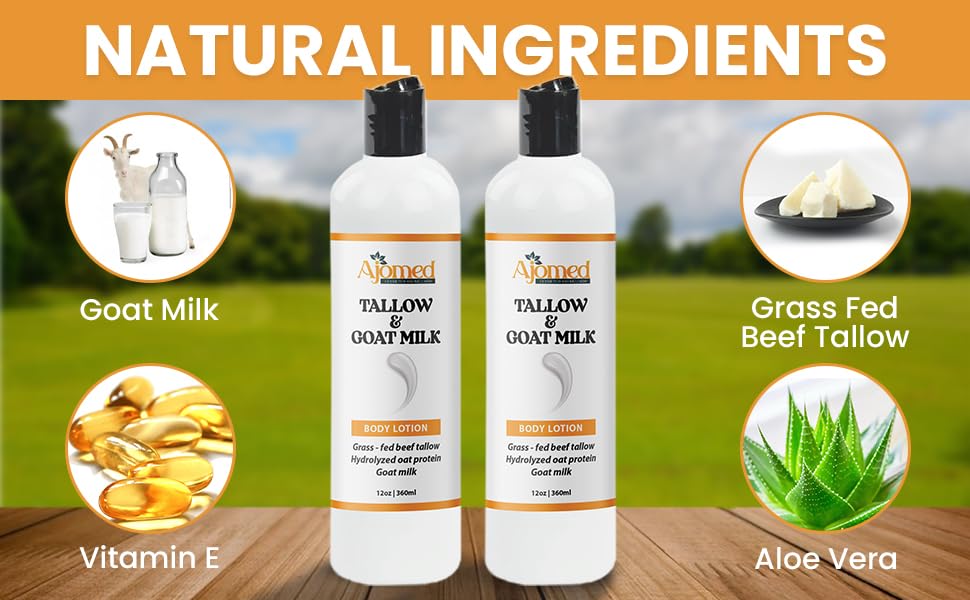 Grass Fed Beef Tallow & Goat Milk Body Lotion for Sensitive Skin, Organic Tallow Lotion - Soothes Dry Patches, Goat Milk Moisturizer - Handmade Tallow Body Lotion (UNSCENTED, 8 Oz)