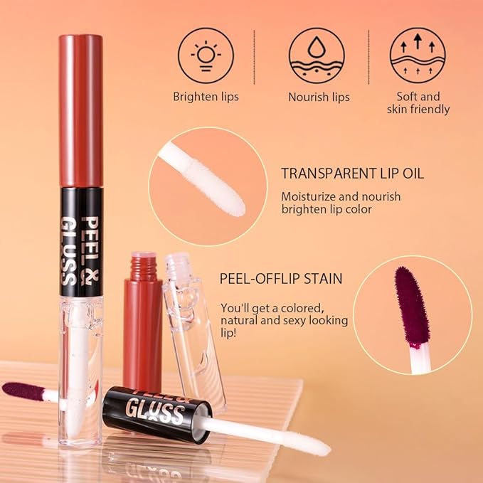 Brown Lip Stain Peel Off Lip liner and Lip oil with Tweezer, Dual-Ended Peel Off Lip Stain Tattoo, Highly Pigmented Long Lasting Waterproof, Transfer-proof for All Skin Types, 06#