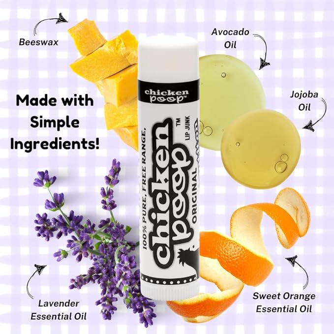 Chicken Poop Lip Balm Simone Chickenbone 100% Natural Moisturizer for Dry, Chapped Lips, Combo (Original, Mint, Outdoors with SPF 30, Coconut), 4 Pack