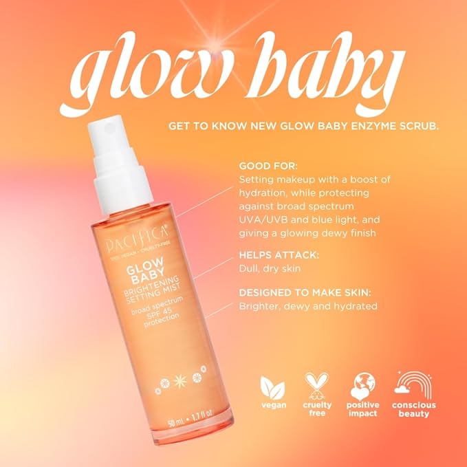 Pacifica Beauty Glow Baby Brightening Setting Mist & Glowy Vitamin C Skin Solve Set, Skincare, Suncare, SPF 45, UVA/UVB, Blue Light Protection, Primer, Vegan, 1.7 fl oz and 1 fl oz (Set of 2)