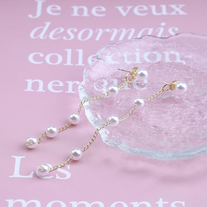 Boho Pearl Dangle Earrings Gold Pearl Drop Stud Earrings Long Pearl Tassel Earrings Vintage Pearl Linear Earrings Jewelry for Women and Girls