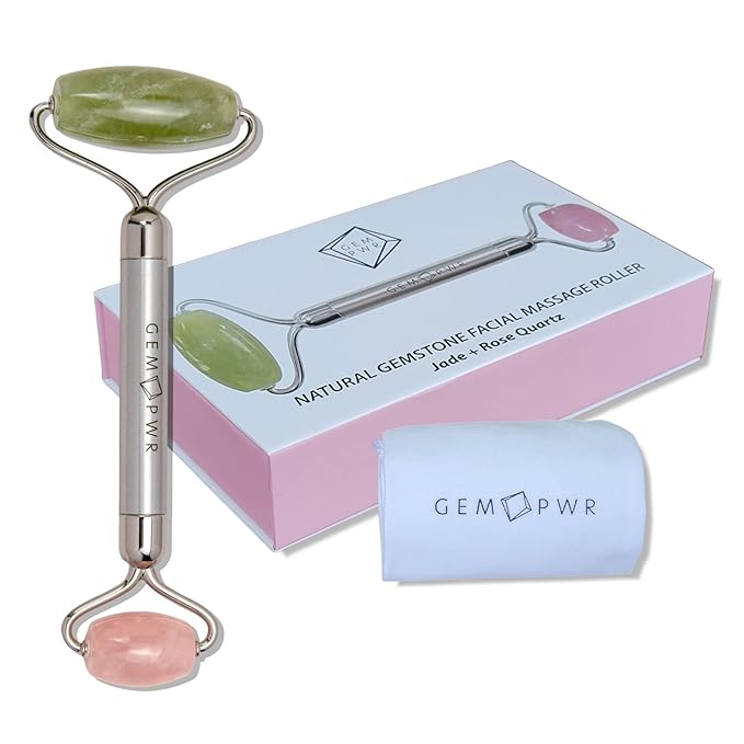 Rose Quartz + Jade Roller for Face and Neck Massage, Dual Gemstones with Durable Steel Handle and Travel Bag. Minimize Wrinkles, Reduce Puffiness and Restore Skin's Elasticity and Radiance