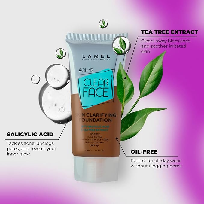 LAMEL OhMy Clear Face Full Coverage Foundation - Acne Coverage - Salicylic Acid & Tea Tree Extract - Dewy & Flawless Finish - Sensitive Skin Care - Organic & Oil-Free - 411, 1.35 fl.oz