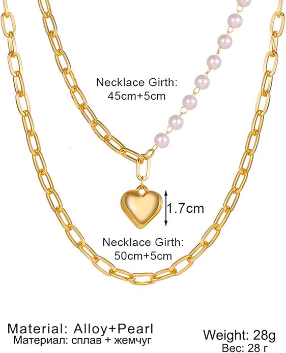 Boho Layered Pearl Choker Necklace Chain Vintage Gold Heart Pendant Cuban Chain Necklace Rock Statement Pearl Heart Necklace Asymmetrical Pearl Strand Necklace Jewelry for Women and Girls