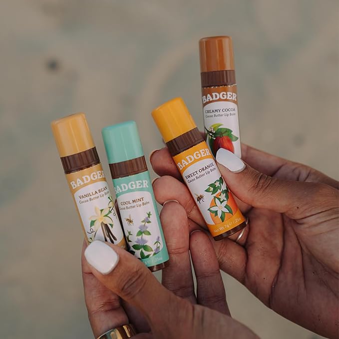 Badger - Cocoa Butter Lip Balm, Cool Mint, Certified Organic Lip Balm, Fair Trade, Lip Butter, Lip Balm Cocoa Butter, Cocoa Care Lip Balm, 0.25 oz (4 Pack)