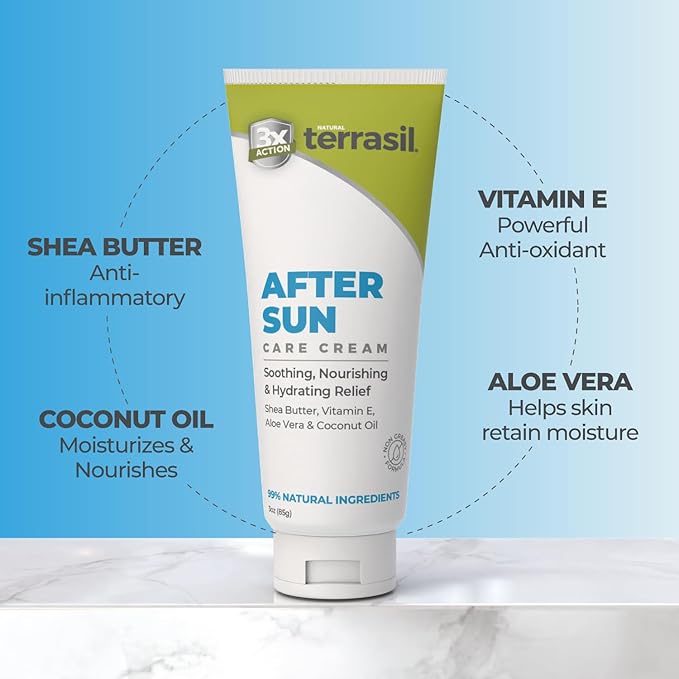 terrasil After Sun Care Lotion with Aloe Vera, Shea Butter, Coconut Oil, & Vitamin E, Soothing Sunburn Relief for Sun Exposed Skin, Deeply Nourishing. Natural Body Lotion (3 oz) Tropical Scent