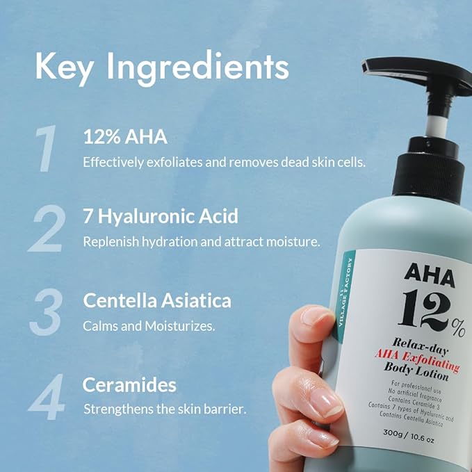 V11FACTORY AHA 12% Glycolic Acid Body Lotion – Korean Exfoliating & Hydrating Body Cream with Hyaluronic Acid & Collagen – Unscented, Paraben-Free Skin Smoothing Moisturizer, 10.6 oz