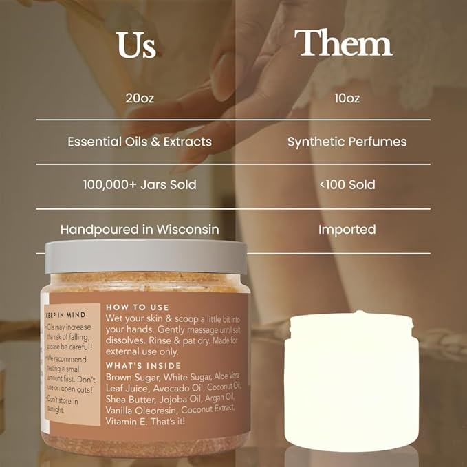 Bare Botanics Brown Sugar Body Scrub 20 oz - Naturally Scented Coconut Vanilla Sugar Scrub Made in Madison, WI - Formulated w/Skin Loving Moisturizers - Vegan, Cruelty Free w/a Cute Wooden Spoon