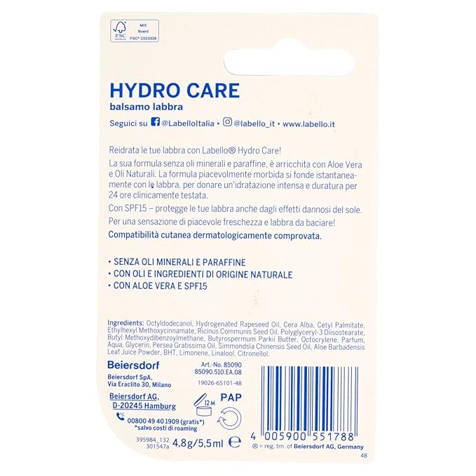 Labello Hydro Care Lip Balm With Natural Oils 5.5ml (0.18 Oz) [Italian Product]