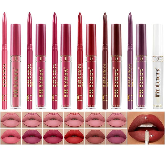 6 Colors Liquid Lipstick + Lip Liner Pen Makeup Set, Super Stay Matte Finish Lip Stain and Define Lip Liner Pencil Gift Set for Women, Longwear, Waterproof, 1PC Lip Glow Oil Include