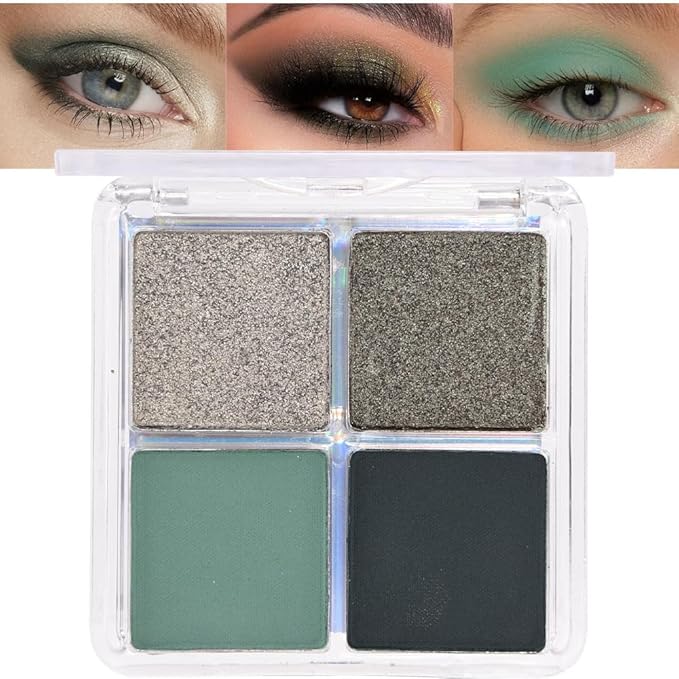 evpct Eyeshadow Quad Palette, Cyan Festival Forest Dark Green Glitter Shimmer Metallic Matte High Pigment Mini Eye Shadow Palette Makeup for older Women, Smudge Proof Vegan Cruelty-free, Green Series