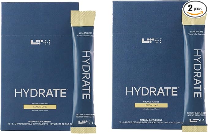 LTH Hydrate Hydration Mix - Trusted by Life Time Fitness Members - NSF Certified for Sport - Electrolyte Powder - Plant-Based, Non-GMO, Gluten Free - 15 Single-Serve Packets (Lemon Lime) - 2-Pack