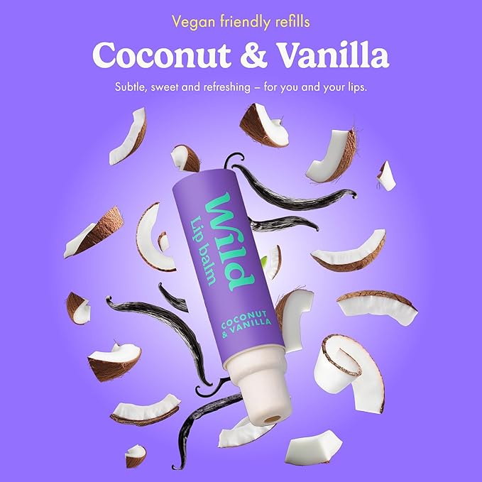 Wild Refillable Lip Balm Starter Kit - Includes Blue Aluminum Case & 3 Pack Lip Balm Refills in a Variety of Scents - Includes Coconut & Vanilla, Passionfruit Swirl & Watermelon Flavors