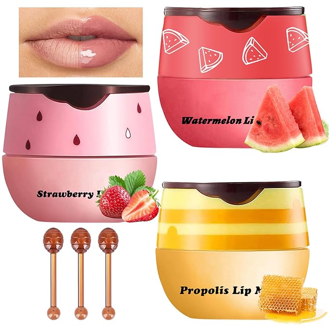 3Pcs Lip Balm Honey Pot with Stick, Honey Strawberry Apple Moisturizing and Hydrating Sleeping Lip Mask, Day and Night Repair and Care, Improve Lip Color, Reduce Lip Lines (SET B)