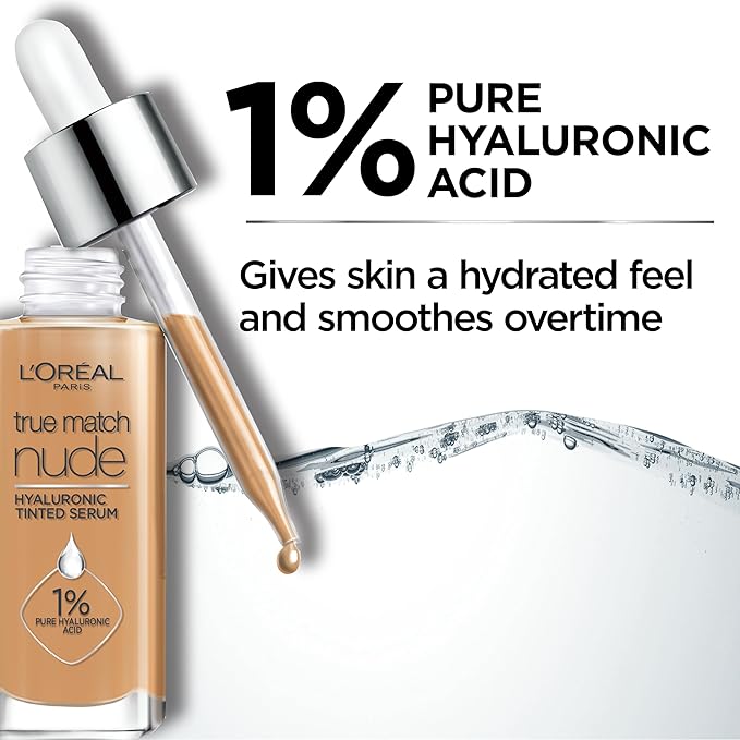 L'Oreal Paris True Match Nude Hyaluronic Tinted Serum Foundation with 1% Hyaluronic acid, Rich Medium 4.5-5.5, 1 fl. oz.