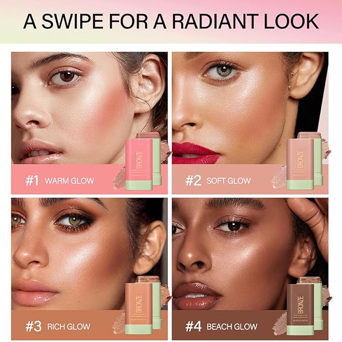 Multi-Purpose Makeup Blush Stick, 3-in-1 Beauty Tinted Solid Blush Stick For Cheeks, Lips And Eyes Waterproof Natural Cream Blush Stick With Long-Lasting Moisturizing Formula (#3Rich Glow)