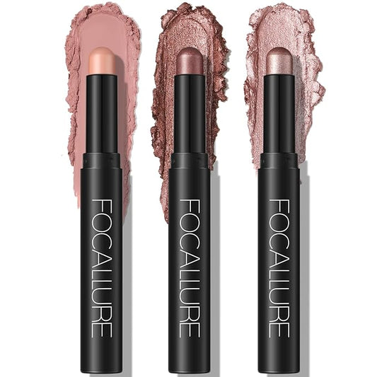 FOCALLURE 3PCS Cream Eyeshadow Stick Sets,Matte and Shimmer Eye Brightener, Light to Dark Pink Pencil,Long Lasting Eye Shadow Highlighter Makeup,Rose Hangover