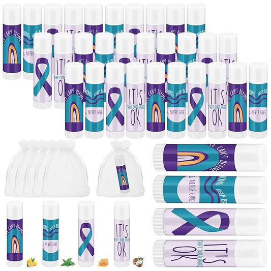 Fumete 50 Pcs Suicide Prevention Awareness Lip Balm Bulks Purple Teal Ribbon Lip Balm Mental Health Care Gift for Suicide Prevention Awareness Inspirational Favor Charity Campaign Supplies
