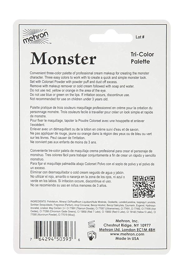 Mehron Makeup Tri-Color Character Makeup Palette | Halloween, Special Effects and Theater Cream Makeup FX Palette | Face Paint Makeup .7 oz (20 g) (Monster)