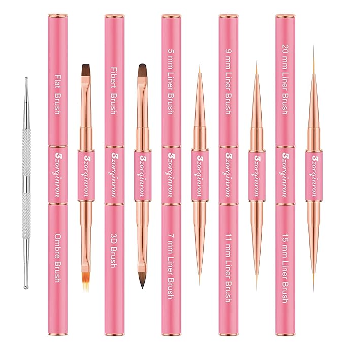 Nail Art Bushes Set, Professional 5Pcs Double-Ended Nail Brush Kit for Details, Long Lines, Ombre & 3D Design-Perfect for DIY Manicures & Salons (Pink)