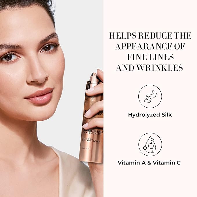 LUMINESS Silk Airbrush Spray Foundation & Buffing Brush Kit – Full Coverage Foundation & Dual-Sided Buffing Brush - Buildable Coverage, Anti-Aging Formula Hydrates & Moisturizes (Shade - Light Tan)