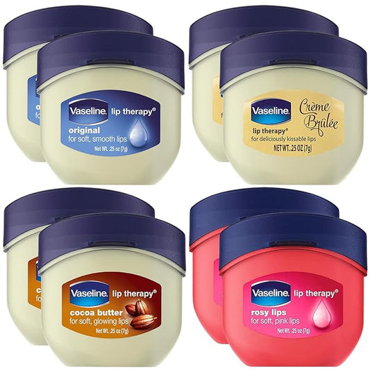 Vaseline Lip Therapy Rosy Lips, Cocoa Butter, Creme Brulee, Original - Vaseline Lip Balm, Tinted and Clear Lip Gloss Set, 2 of Each, 0.25 Oz Ea (8 Piece Set)