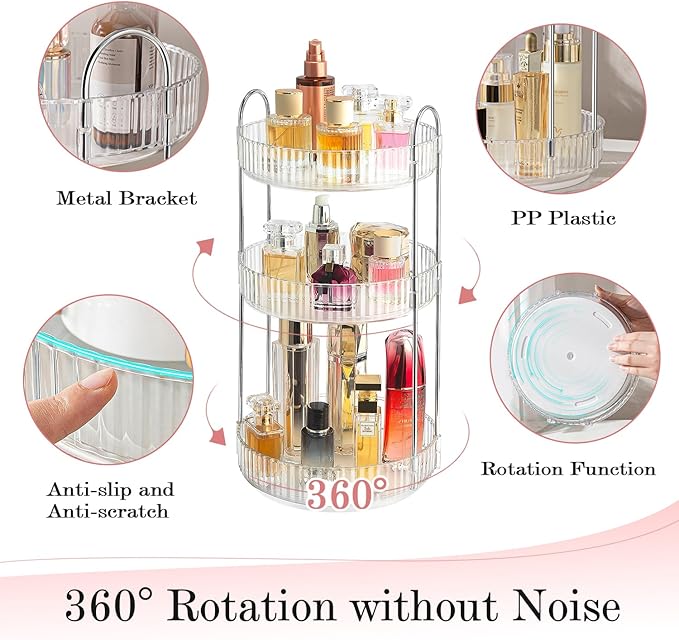 360° Rotating Makeup Organizer for Vanity, Spinning Cosmetics Organizer Holder Rack, Large Capacity Bathroom Organizer Countertop, Fits Perfume, SkinCare, Makeup Brushes 3 Tiers, Transparent