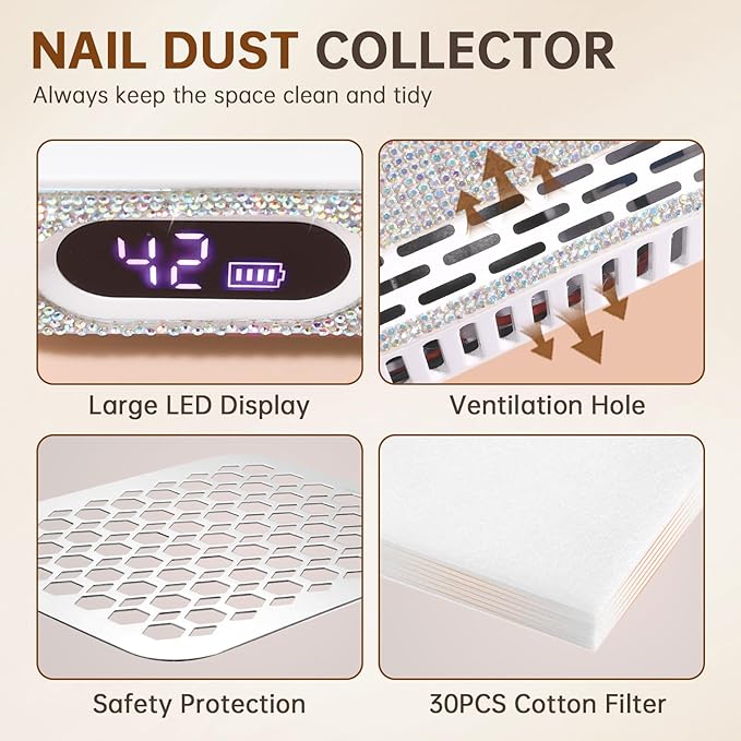 Nail Dust Collector, Rechargeable Dust Collector Nail Tech, Powerful Vacuum Fan Vent Dust Collector Extractor Dust Suction Machine for Acrylic Nails Polishing, Nail Salon&Home, White