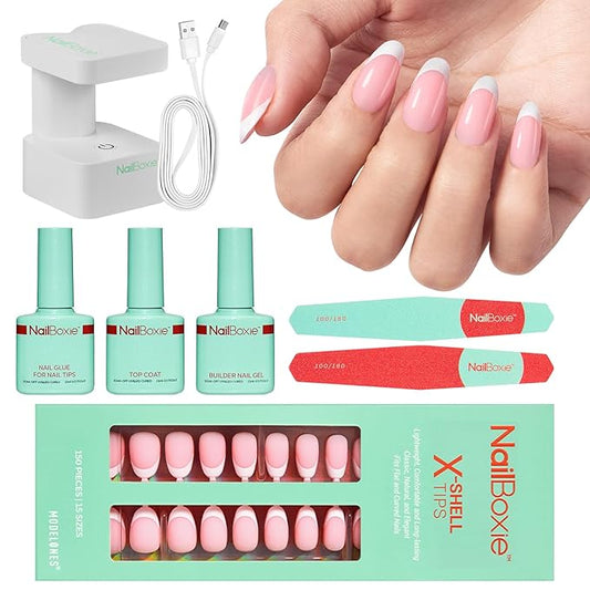 Modelones Gel Nail Kit, Press On Nails Kit with LED Light, 150 PCS Short Pink Almond, 15 Sizes French Tip Press on Nails, NailBoxie Pre-Colored Nail Tips for Easy DIY Nail Art