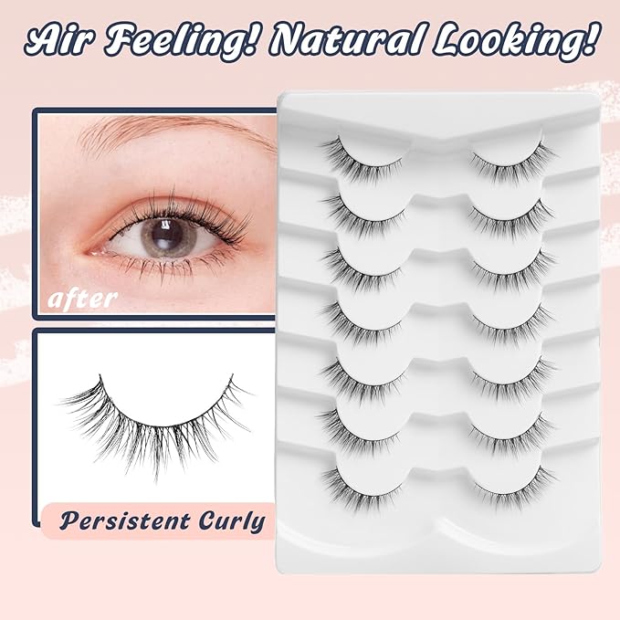 Natural Lashes Wispy Eyelashes Natural Look Short Lashes Pack 12mm Eyelashes C Curl False Lashes Thinner Band 3D Volume Fake Eyelashes 7 Pair Siligli