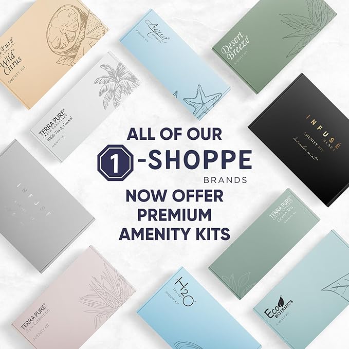 Terra Pure Green Tea Amenity & Accessory Kit | 1 oz Travel Size Shampoo, Conditioner, Lotion, Body Wash, 2 Soap Bars, Shave & Dental Sets, Make-Up Remover Wipes, & Vanity Kit | 1 set per case