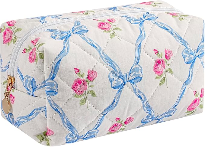 Makeup Bag Travel Cosmetic Bag for Women Girls, Zipper Make Up Pouch, Floral Flowers Toiletry Organizer Makeup, Portable Storage Bag, Cosmetic Travel Cloth Bag (Blue Bowknot/Gold Zipper)