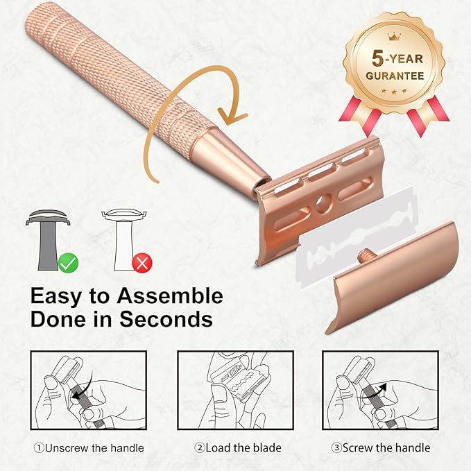 Matte Rose Gold Safety Razor, Single Blade Razors for Women, Reusable Metal Razor, with 10 Stainless Steel Double Edge Blades, Eco-friendly, Smooth & Close Shave, Plastic Free
