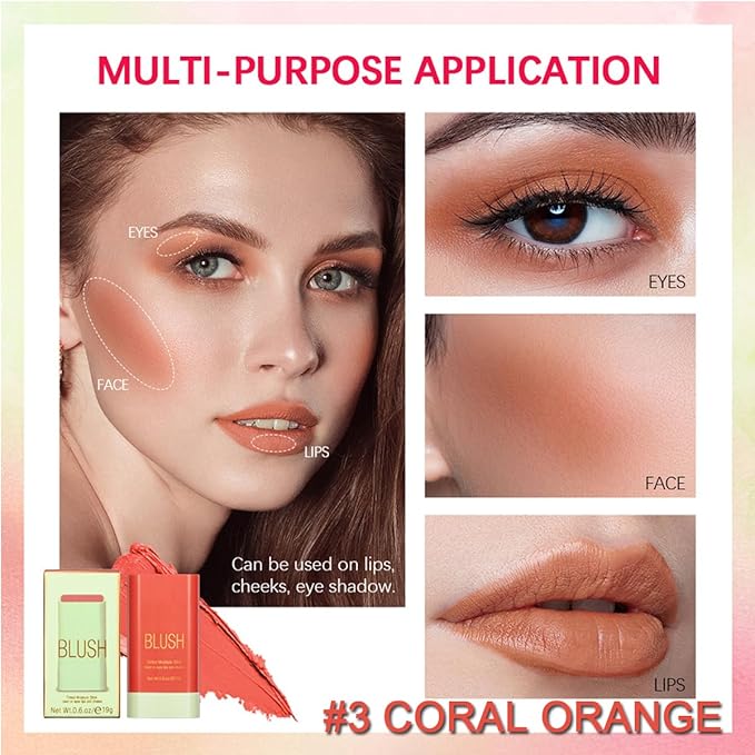 Multi-Purpose Makeup Blush Stick, 3-in-1 Beauty Tinted Solid Blush Stick For Cheeks, Lips And Eyes Waterproof Natural Cream Blush Stick With Long-Lasting Moisturizing Formula (#3Coral Orange)