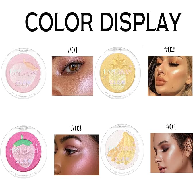 Glitter Highlighter Makeup, 3-In-1 Compact Shimmer Glitter Powder Makeup Blush Face Body Highlighter Illuminator, Silky Smooth Longlasting Lightweight Face Luminizer Bronzer (#02 Pineapple)