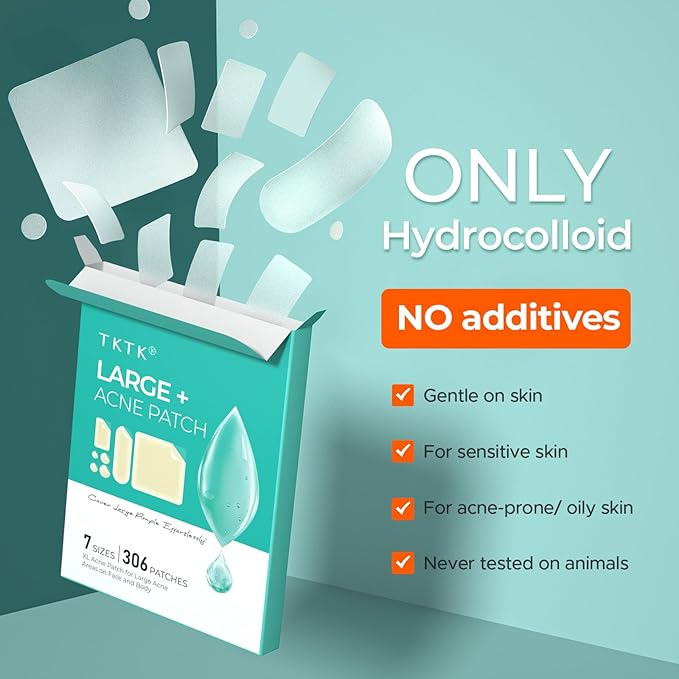 Large Acne Patches for Face, 7 Sizes Big Pimple Patches, XL Hydrocolloid Bandages for Body, Chin, Forehead, Nose, Back Blemish Zit Breakouts, Hydrocolloid Patch (Square, Strip, Dot 306 Count)