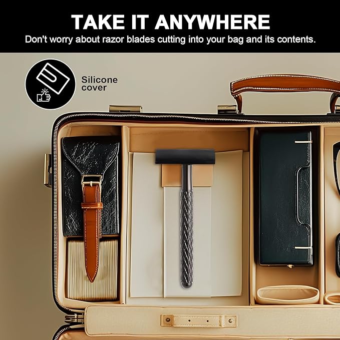 Single Blade Safety Razor for Men with Silicone Cover & 10 Blades Double Edge Safety Razor for Travel Metal Eco-Friendly Reusable Razor for Shaving (Matte Black)