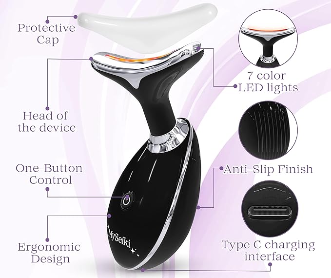 7 LED Light Beauty Tool – Face and Neck Massager with Jade Roller, Case, Black