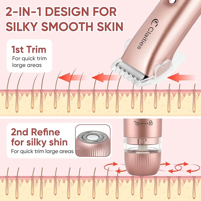 2 in 1 Women Electric Shaver Dual Head Bikini Trimmer for Women IPX7 Waterproof Wet & Dry Use Body Hair Trimmer and Facial Hair Remover for Bikini Underarm Leg Arm Body Face