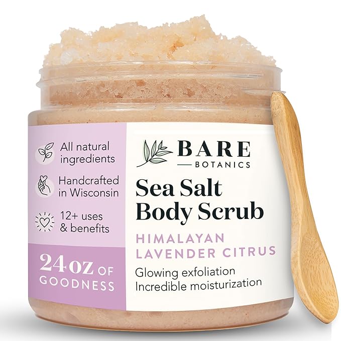 Bare Botanics Lavender Grapefruit Body Scrub 24 oz - Naturally Scented Himalayan Salt Scrub Made in Madison WI - Formulated w/Skin Loving Moisturizers - Cruelty Free Exfoliator w/a Cute Wooden Spoon