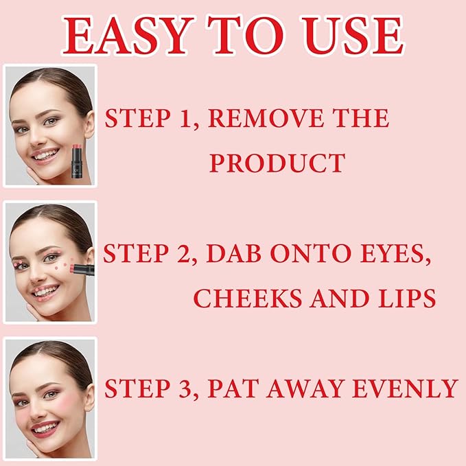 Cream Contour Blush Stick,Long Lasting Waterproof Blush Stick for Cheeks&Lips Multipurpose Face Highlighting Concealing Cream,Shimmer Contour Stick Makeup for Women（Pink）