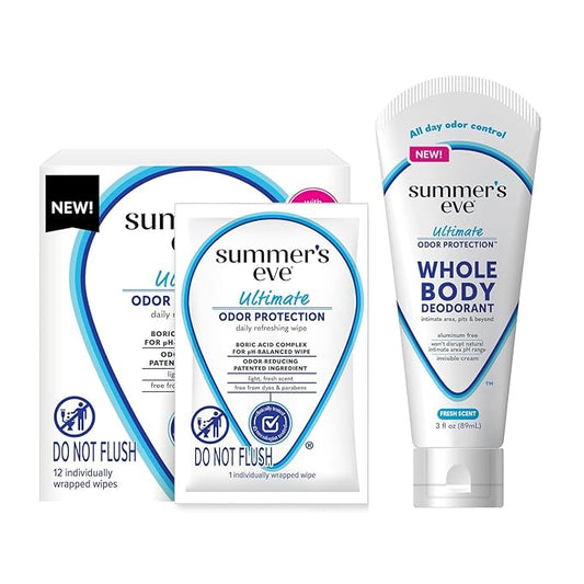 Summer's Eve, Whole Body Deodorant for Women, Ultimate Odor Control, Aluminum Free Deodorant, 3 Fl Oz + Daily Feminine Wipes with Boric Acid, Removes Odor, On-the-go Body Wipes with pH Balance, 12 ct