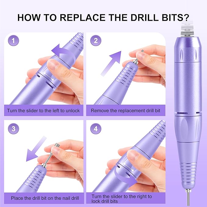 Professional Electric Nail Drill File:COSYGLOW Glitter Portable Cordless E-File Nail Drill Kit with 11 Drill Bits,30000 RPM Rechargeable Nail Drills Machine for Acrylic Nails Gel Polishing(Purple)